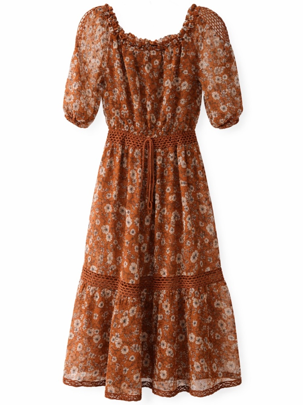 Ryan Michelle Floral Boho Midi Dress Small Rust Puff Sleeve Cottagecore